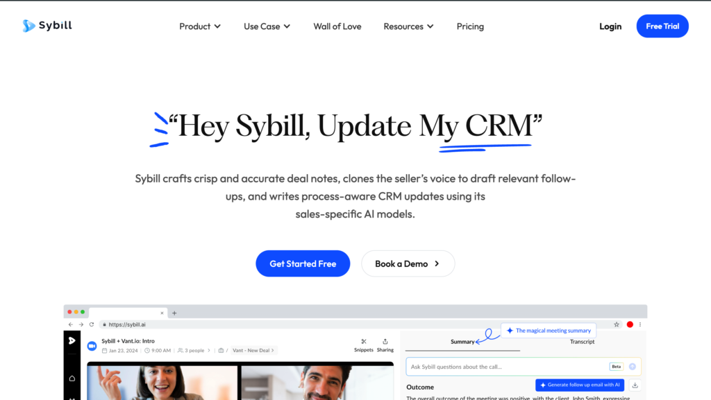 Sybill AI-driven sales assistant software dashboard displaying predictive analytics, revenue trends, and AI-powered recommendations.